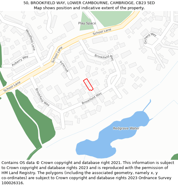 50, BROOKFIELD WAY, LOWER CAMBOURNE, CAMBRIDGE, CB23 5ED: Location map and indicative extent of plot