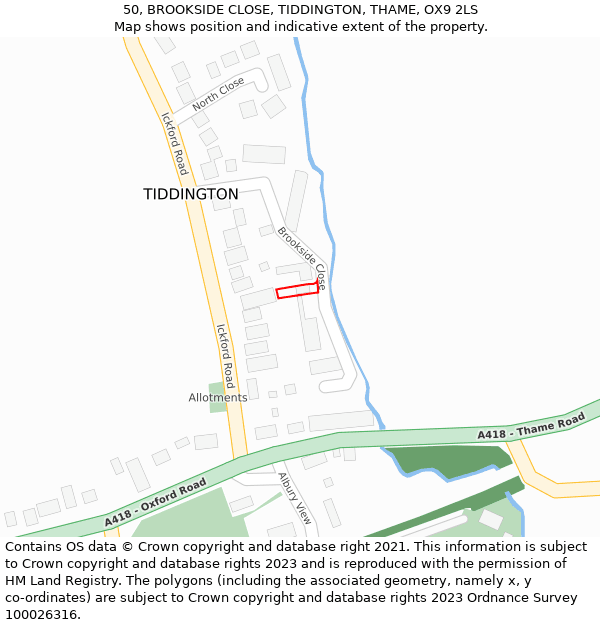 50, BROOKSIDE CLOSE, TIDDINGTON, THAME, OX9 2LS: Location map and indicative extent of plot