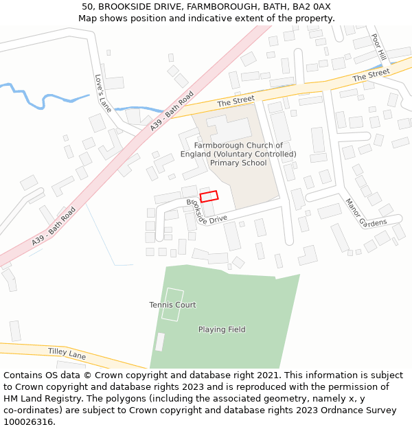 50, BROOKSIDE DRIVE, FARMBOROUGH, BATH, BA2 0AX: Location map and indicative extent of plot