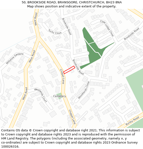 50, BROOKSIDE ROAD, BRANSGORE, CHRISTCHURCH, BH23 8NA: Location map and indicative extent of plot