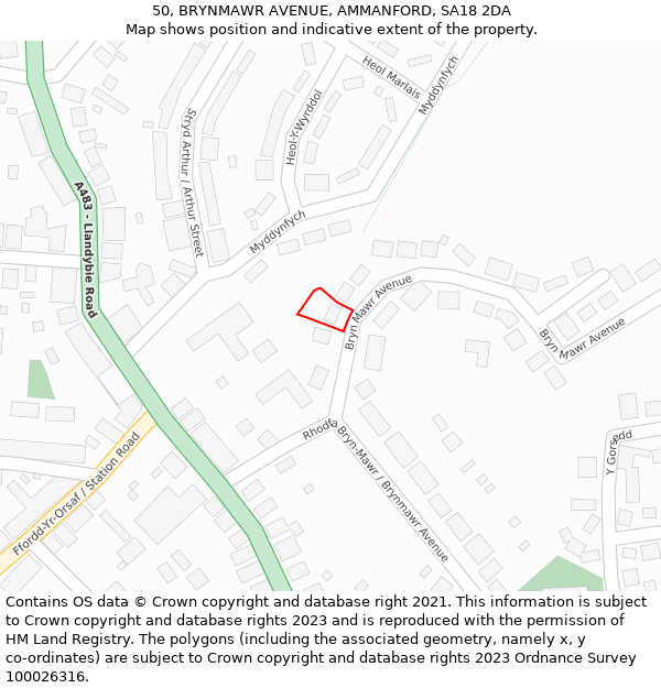 50, BRYNMAWR AVENUE, AMMANFORD, SA18 2DA: Location map and indicative extent of plot