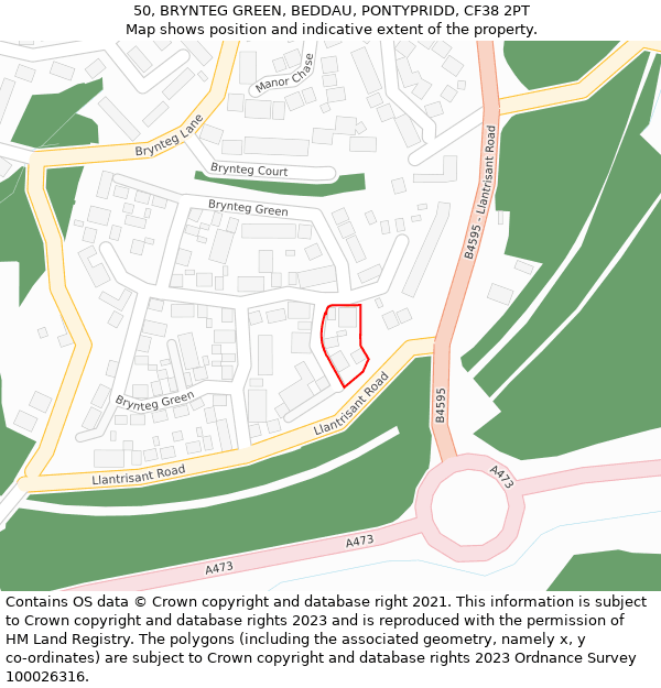 50, BRYNTEG GREEN, BEDDAU, PONTYPRIDD, CF38 2PT: Location map and indicative extent of plot