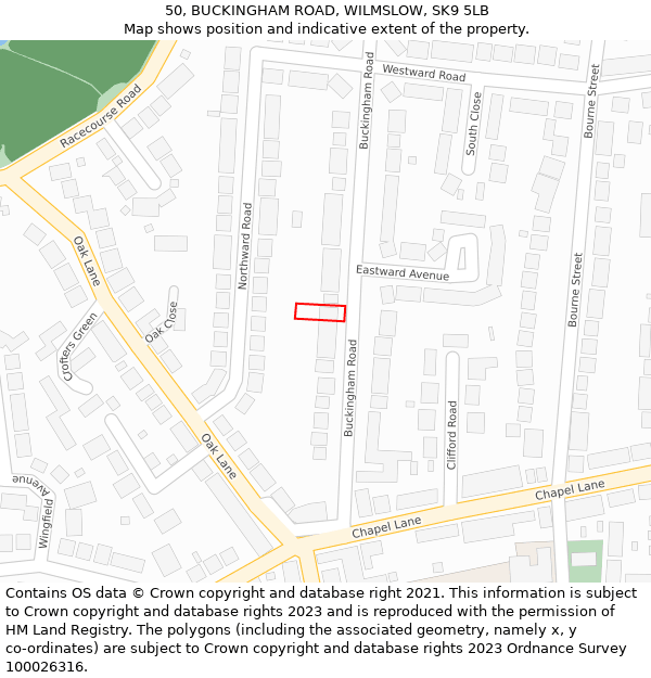 50, BUCKINGHAM ROAD, WILMSLOW, SK9 5LB: Location map and indicative extent of plot