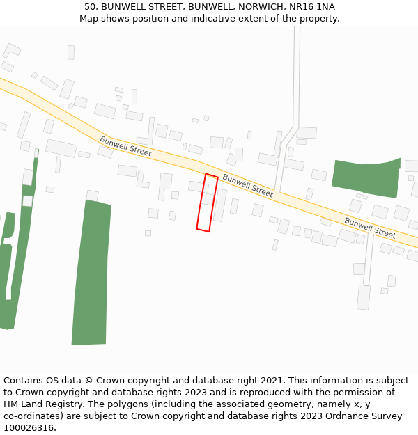 50, BUNWELL STREET, BUNWELL, NORWICH, NR16 1NA: Location map and indicative extent of plot