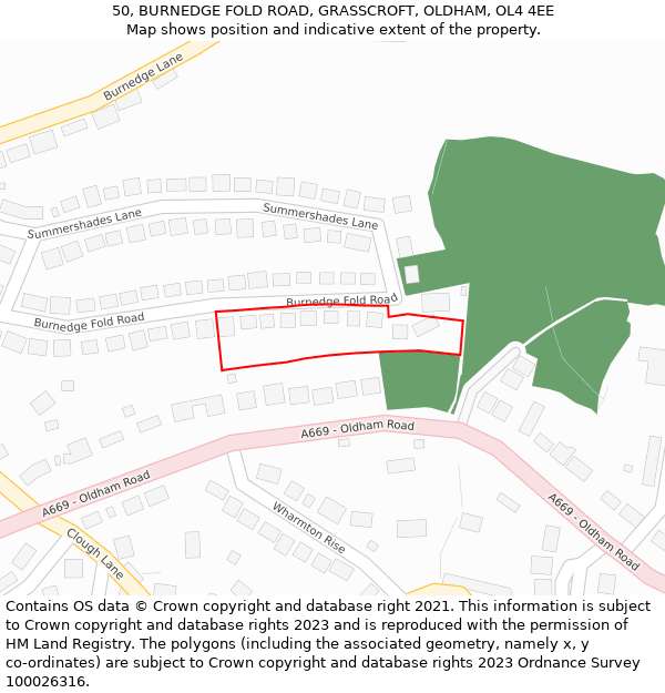 50, BURNEDGE FOLD ROAD, GRASSCROFT, OLDHAM, OL4 4EE: Location map and indicative extent of plot