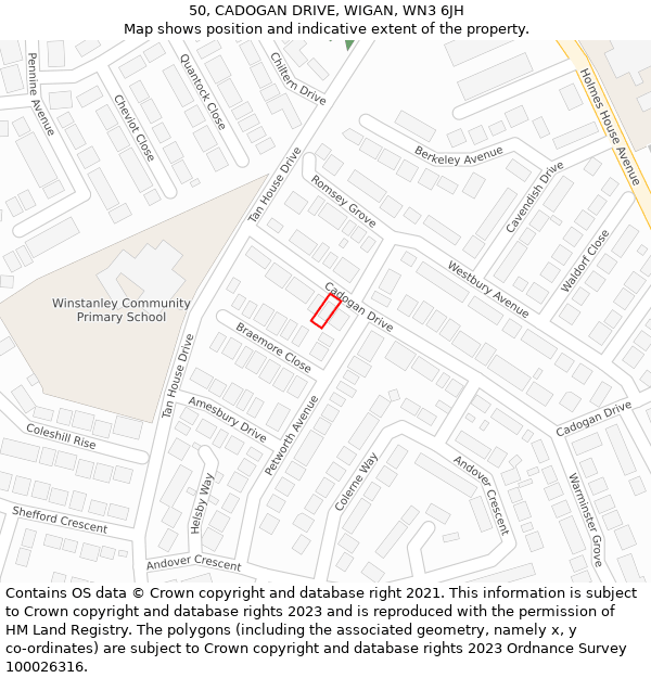 50, CADOGAN DRIVE, WIGAN, WN3 6JH: Location map and indicative extent of plot