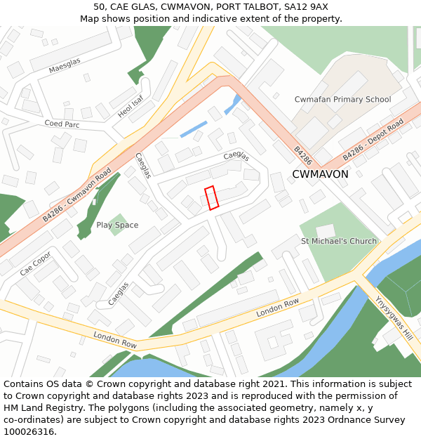 50, CAE GLAS, CWMAVON, PORT TALBOT, SA12 9AX: Location map and indicative extent of plot