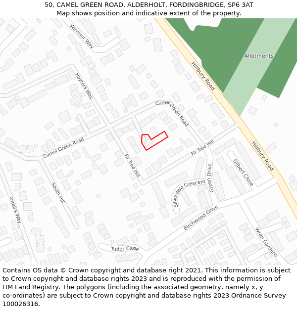 50, CAMEL GREEN ROAD, ALDERHOLT, FORDINGBRIDGE, SP6 3AT: Location map and indicative extent of plot