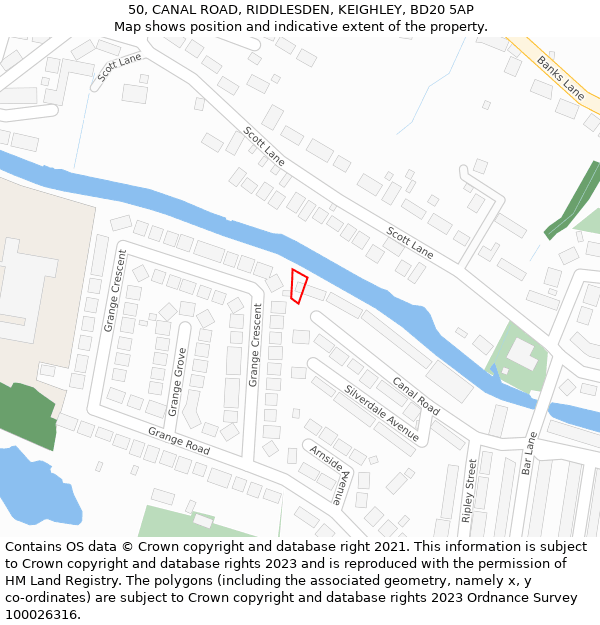 50, CANAL ROAD, RIDDLESDEN, KEIGHLEY, BD20 5AP: Location map and indicative extent of plot