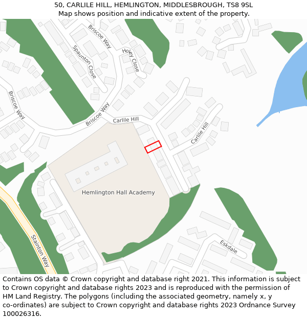 50, CARLILE HILL, HEMLINGTON, MIDDLESBROUGH, TS8 9SL: Location map and indicative extent of plot