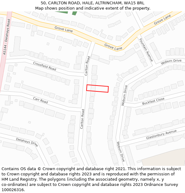 50, CARLTON ROAD, HALE, ALTRINCHAM, WA15 8RL: Location map and indicative extent of plot