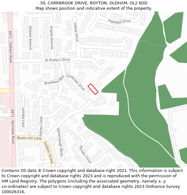 50, CARRBROOK DRIVE, ROYTON, OLDHAM, OL2 6DD: Location map and indicative extent of plot