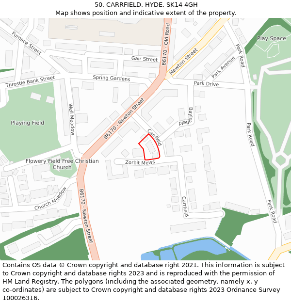 50, CARRFIELD, HYDE, SK14 4GH: Location map and indicative extent of plot