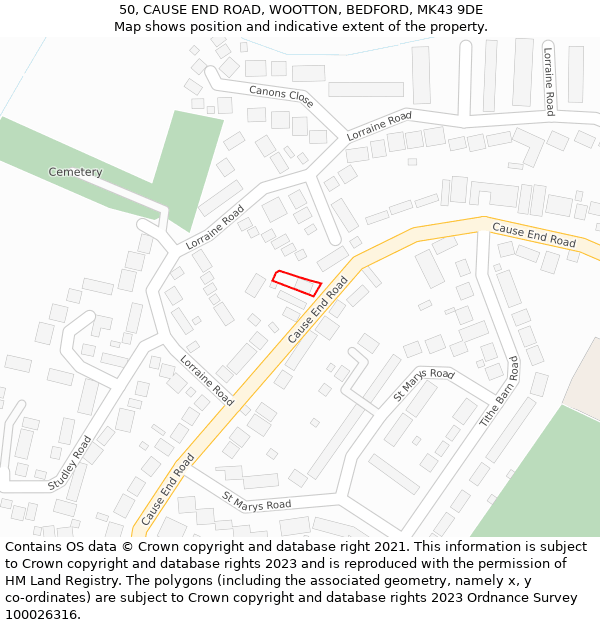 50, CAUSE END ROAD, WOOTTON, BEDFORD, MK43 9DE: Location map and indicative extent of plot