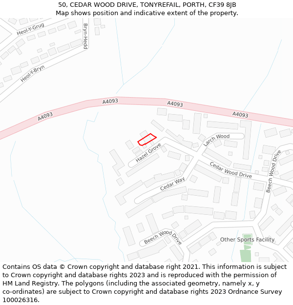 50, CEDAR WOOD DRIVE, TONYREFAIL, PORTH, CF39 8JB: Location map and indicative extent of plot
