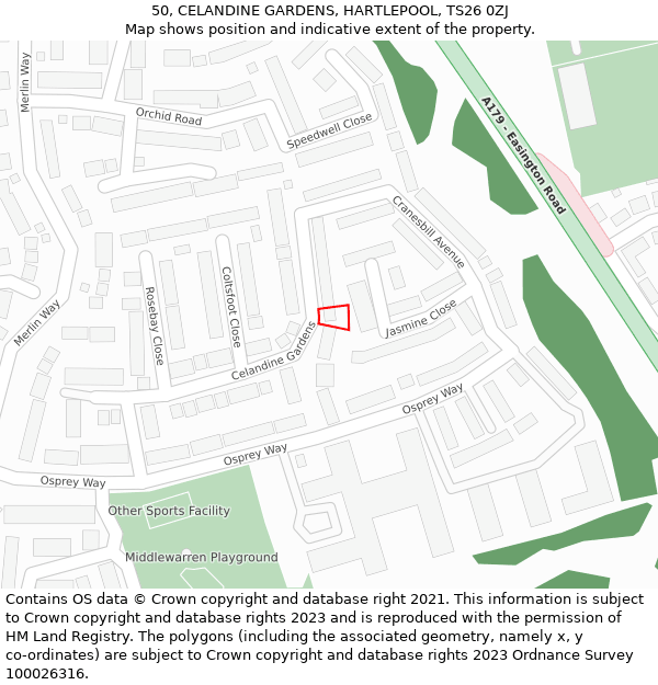 50, CELANDINE GARDENS, HARTLEPOOL, TS26 0ZJ: Location map and indicative extent of plot