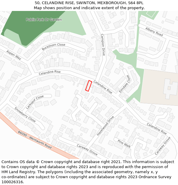 50, CELANDINE RISE, SWINTON, MEXBOROUGH, S64 8PL: Location map and indicative extent of plot