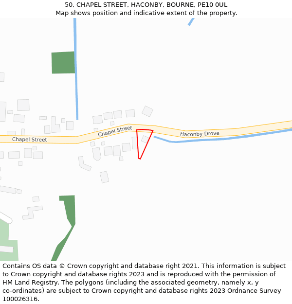 50, CHAPEL STREET, HACONBY, BOURNE, PE10 0UL: Location map and indicative extent of plot