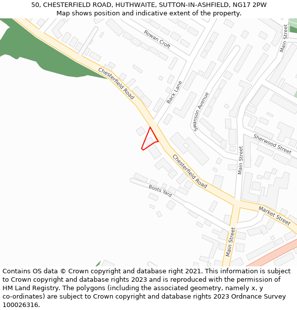 50, CHESTERFIELD ROAD, HUTHWAITE, SUTTON-IN-ASHFIELD, NG17 2PW: Location map and indicative extent of plot