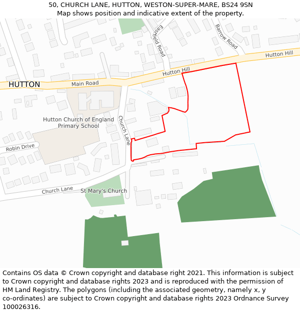 50, CHURCH LANE, HUTTON, WESTON-SUPER-MARE, BS24 9SN: Location map and indicative extent of plot