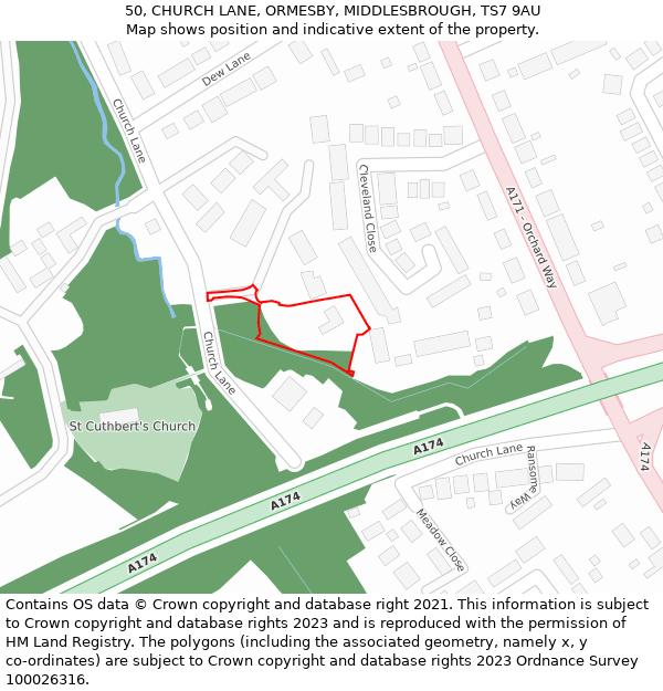 50, CHURCH LANE, ORMESBY, MIDDLESBROUGH, TS7 9AU: Location map and indicative extent of plot