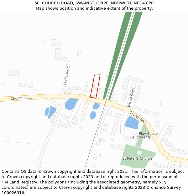 50, CHURCH ROAD, SWAINSTHORPE, NORWICH, NR14 8PR: Location map and indicative extent of plot