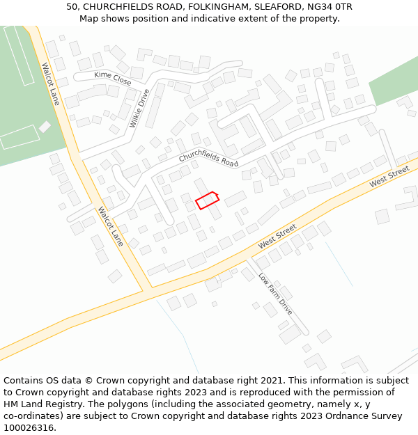 50, CHURCHFIELDS ROAD, FOLKINGHAM, SLEAFORD, NG34 0TR: Location map and indicative extent of plot