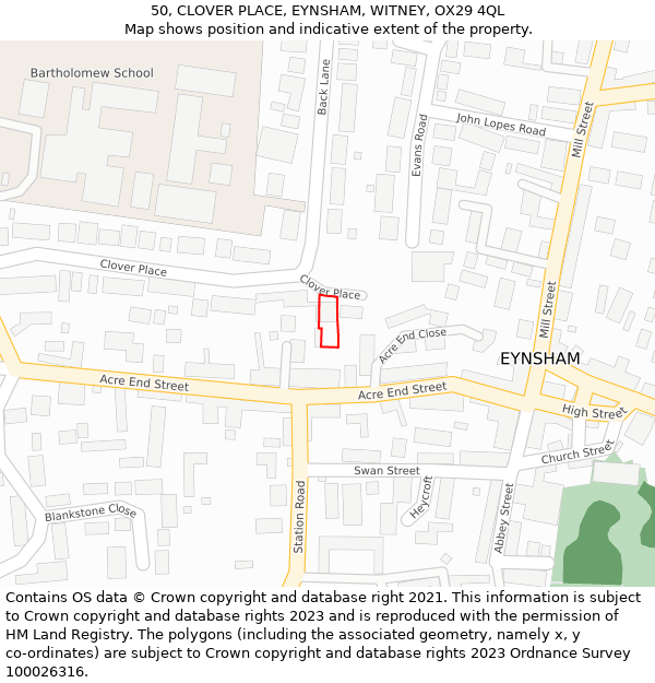 50, CLOVER PLACE, EYNSHAM, WITNEY, OX29 4QL: Location map and indicative extent of plot