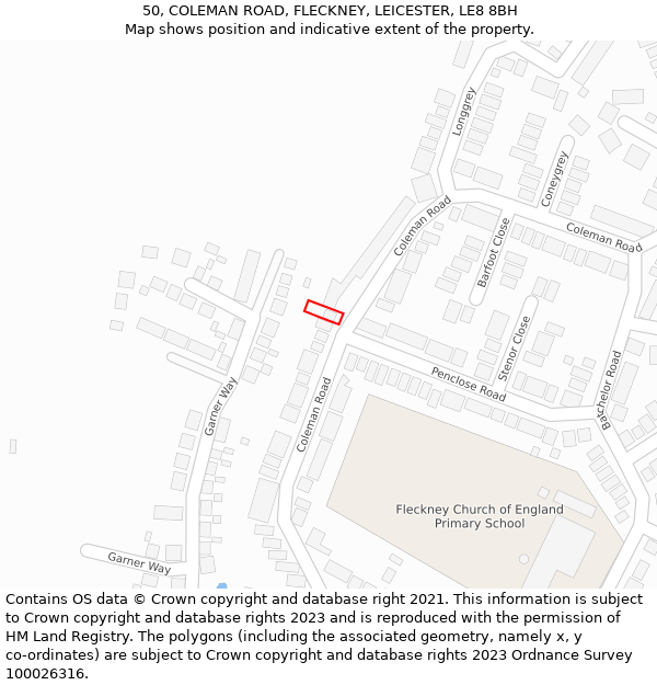 50, COLEMAN ROAD, FLECKNEY, LEICESTER, LE8 8BH: Location map and indicative extent of plot