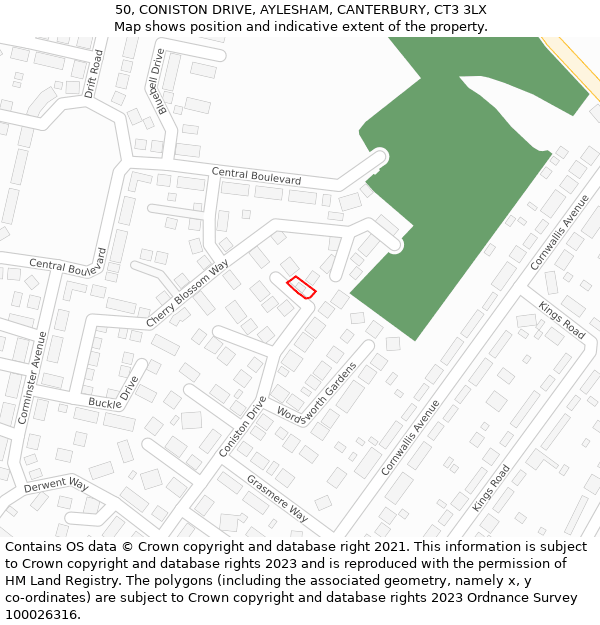 50, CONISTON DRIVE, AYLESHAM, CANTERBURY, CT3 3LX: Location map and indicative extent of plot