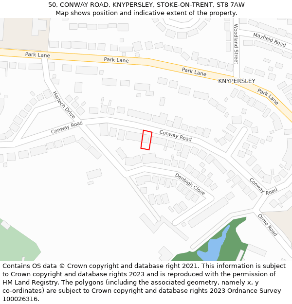 50, CONWAY ROAD, KNYPERSLEY, STOKE-ON-TRENT, ST8 7AW: Location map and indicative extent of plot