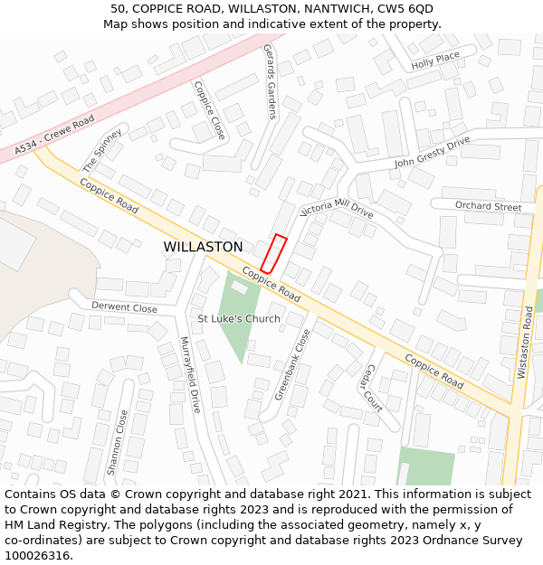 50, COPPICE ROAD, WILLASTON, NANTWICH, CW5 6QD: Location map and indicative extent of plot