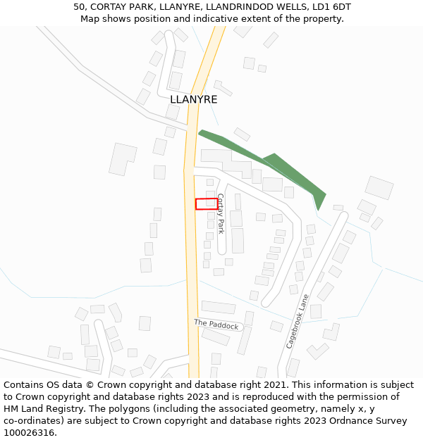 50, CORTAY PARK, LLANYRE, LLANDRINDOD WELLS, LD1 6DT: Location map and indicative extent of plot