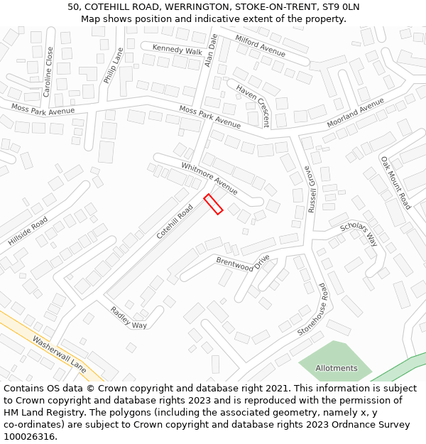 50, COTEHILL ROAD, WERRINGTON, STOKE-ON-TRENT, ST9 0LN: Location map and indicative extent of plot
