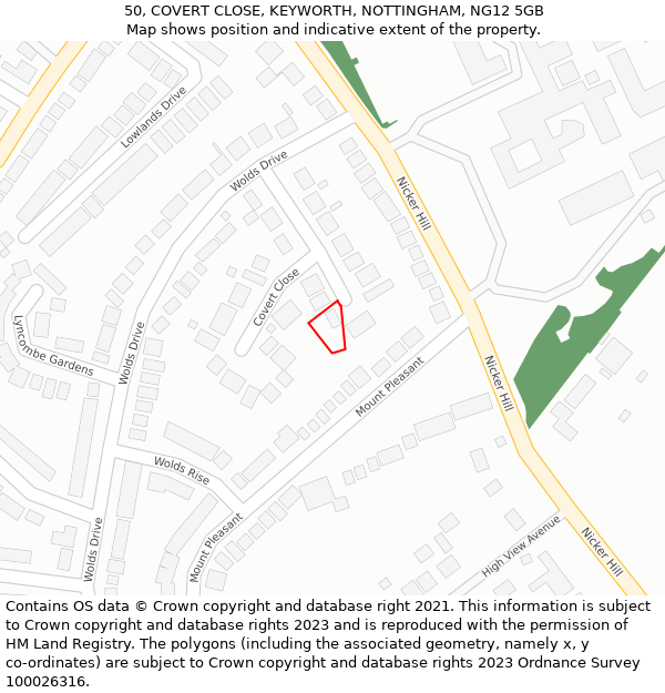 50, COVERT CLOSE, KEYWORTH, NOTTINGHAM, NG12 5GB: Location map and indicative extent of plot