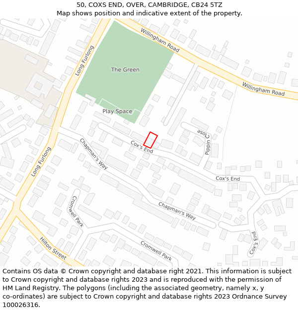 50, COXS END, OVER, CAMBRIDGE, CB24 5TZ: Location map and indicative extent of plot