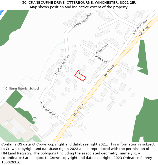 50, CRANBOURNE DRIVE, OTTERBOURNE, WINCHESTER, SO21 2EU: Location map and indicative extent of plot