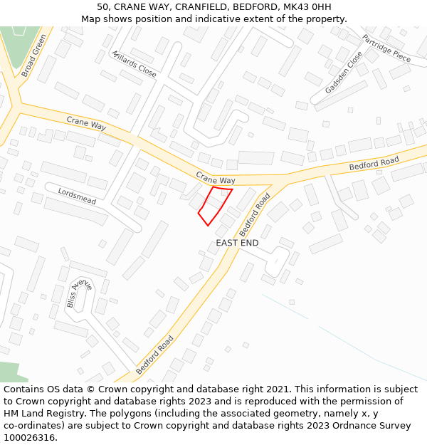 50, CRANE WAY, CRANFIELD, BEDFORD, MK43 0HH: Location map and indicative extent of plot