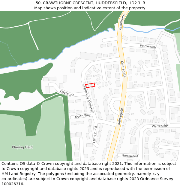 50, CRAWTHORNE CRESCENT, HUDDERSFIELD, HD2 1LB: Location map and indicative extent of plot