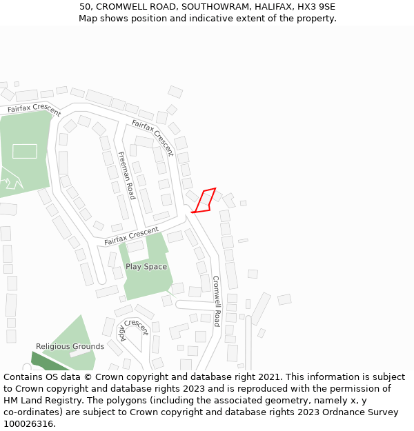 50, CROMWELL ROAD, SOUTHOWRAM, HALIFAX, HX3 9SE: Location map and indicative extent of plot