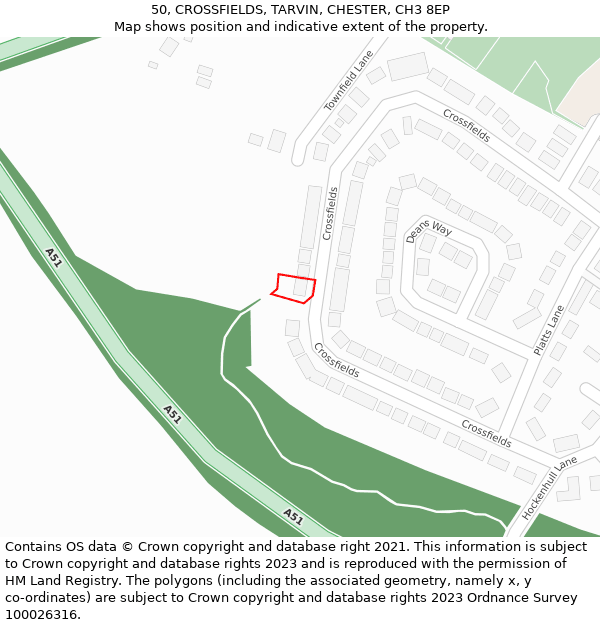 50, CROSSFIELDS, TARVIN, CHESTER, CH3 8EP: Location map and indicative extent of plot