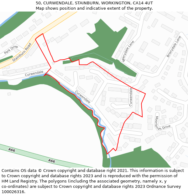 50, CURWENDALE, STAINBURN, WORKINGTON, CA14 4UT: Location map and indicative extent of plot