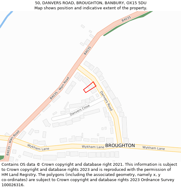 50, DANVERS ROAD, BROUGHTON, BANBURY, OX15 5DU: Location map and indicative extent of plot