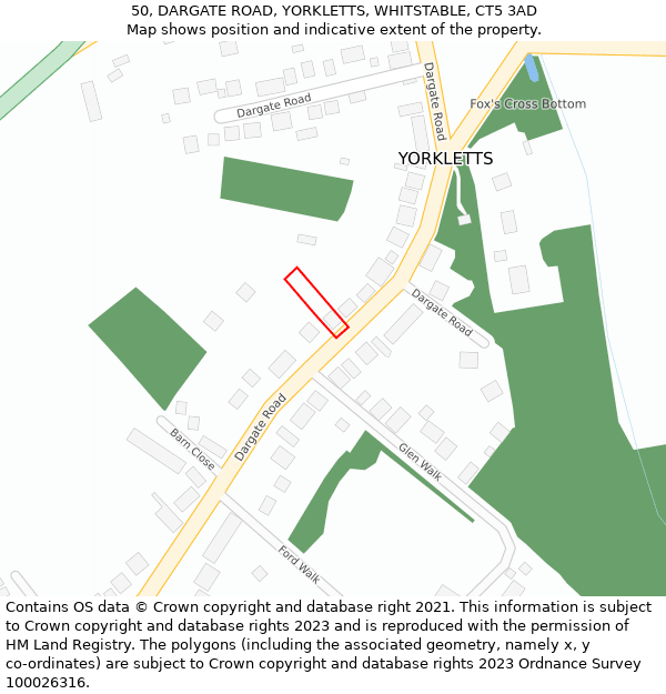 50, DARGATE ROAD, YORKLETTS, WHITSTABLE, CT5 3AD: Location map and indicative extent of plot