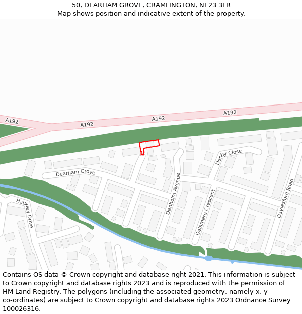 50, DEARHAM GROVE, CRAMLINGTON, NE23 3FR: Location map and indicative extent of plot