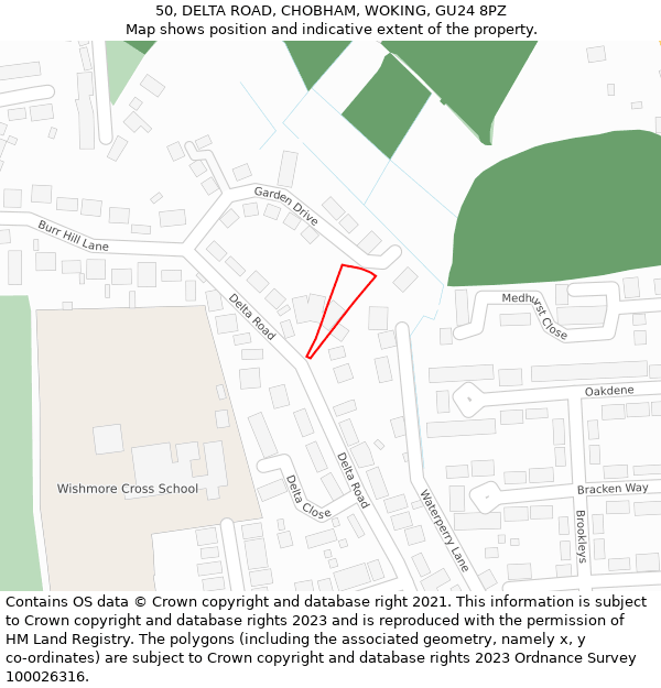 50, DELTA ROAD, CHOBHAM, WOKING, GU24 8PZ: Location map and indicative extent of plot