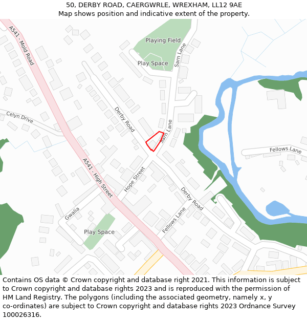 50, DERBY ROAD, CAERGWRLE, WREXHAM, LL12 9AE: Location map and indicative extent of plot