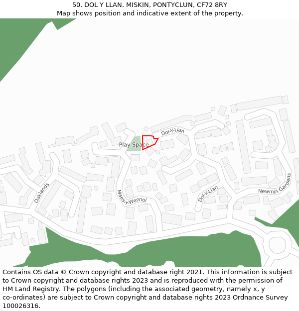 50, DOL Y LLAN, MISKIN, PONTYCLUN, CF72 8RY: Location map and indicative extent of plot