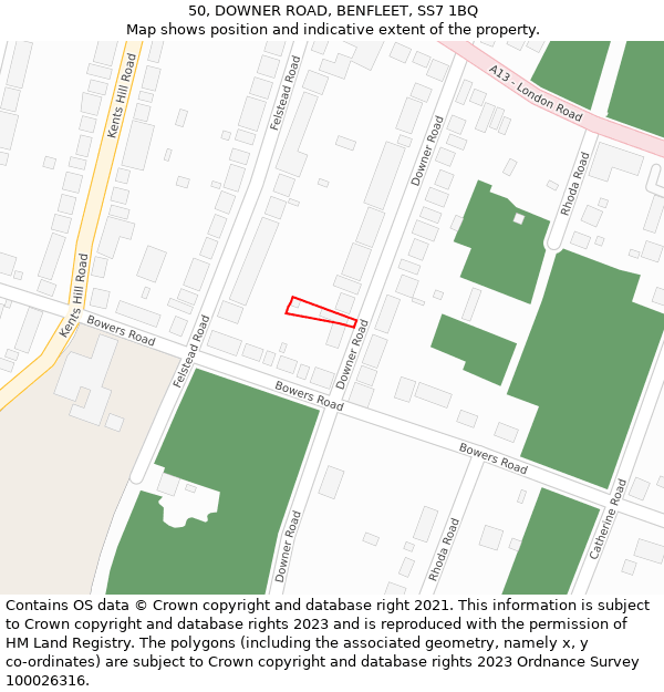 50, DOWNER ROAD, BENFLEET, SS7 1BQ: Location map and indicative extent of plot