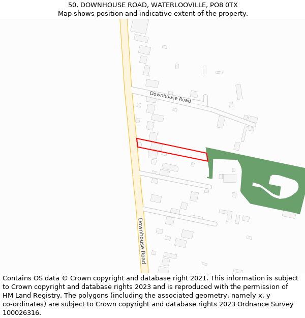 50, DOWNHOUSE ROAD, WATERLOOVILLE, PO8 0TX: Location map and indicative extent of plot